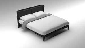akar bed, guimar bed, black bed frame, anthracite bed frame, leather upholstery headboard, minimalist design
