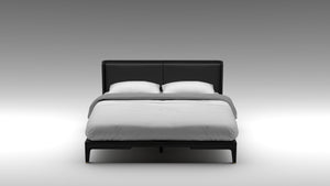 solid oak bed frame, leather upholstery headboard, anthracite oak, akar guimar bed, akar bed,