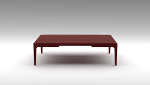 cardinal red, red coffee table, lacquer coffee table, akar lacquer, akar de nissim table, low table, lacquer table top, oak table, oak coffee table, slim coffee table, sleek style, minimalist coffee table, rectangle coffee table,
