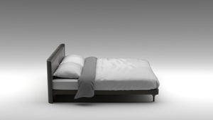 akar prosper, akar bed, solid oak bed frame, leather upholstery headboard, neutral bedframe,