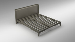 GUIMAR Bed, Leather headboard, oak bed frame, taupe bed frame, designer bed frame, akar bed, sturdy oak bed frame, minimalist bed frame, simplistic design bed frame