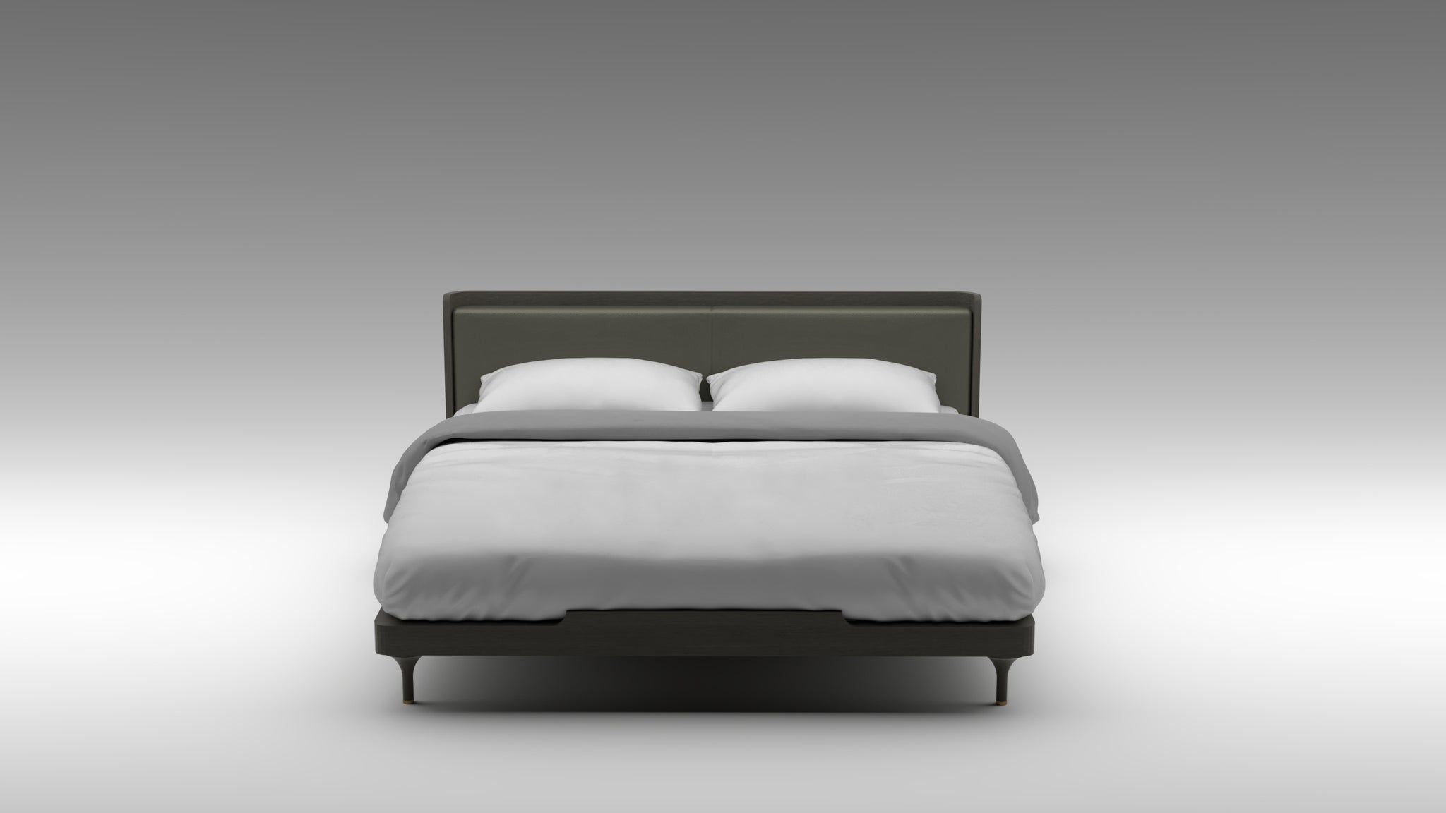 akar double clay, solid oak bed frame, handmade oak bed frame, designer bed frame, neutral bed frame, leather headboard, grained leather